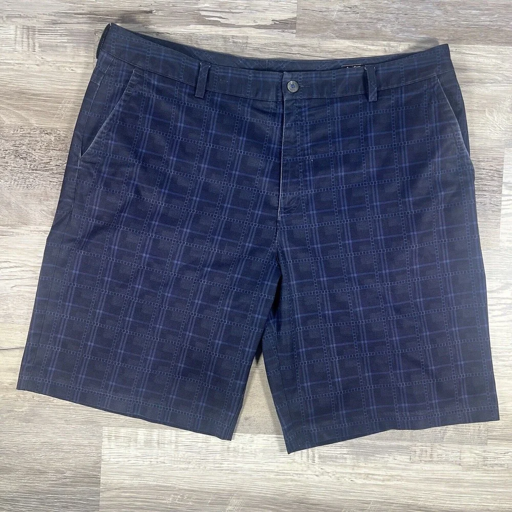 Adidas Shorts Mens 40 Blue Plaid Chino Flat Front Bermuda Golf Logo‎